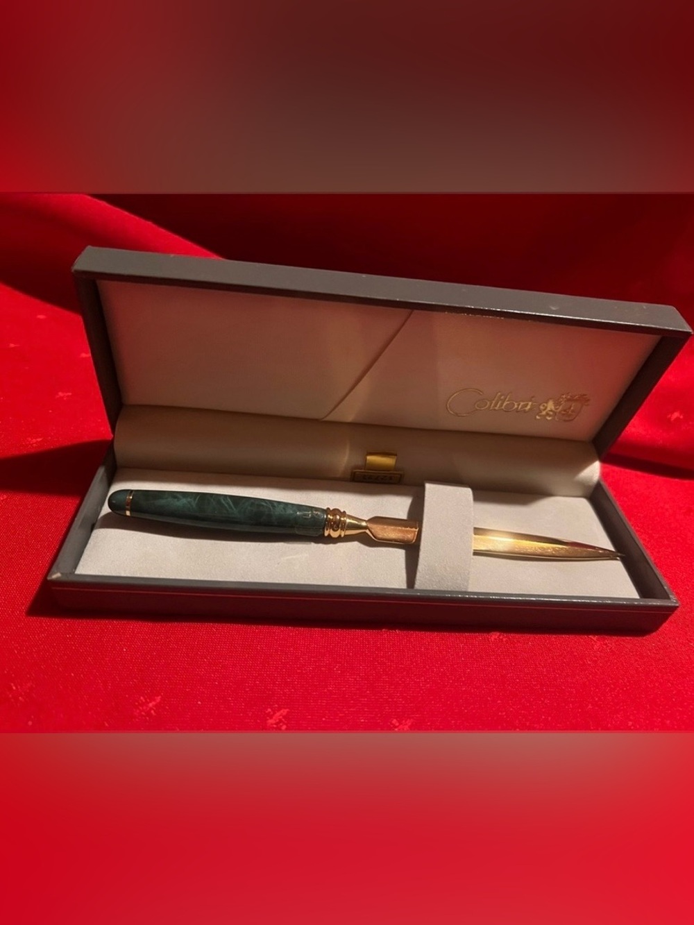 Vintage Rare Colibri Gold-Tone Letter Opener with Green Marbled Handle